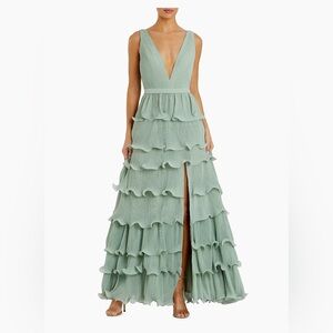 Ruffled V-Neck Tiered Maxi Dress by Mac Duggal in Sage.
